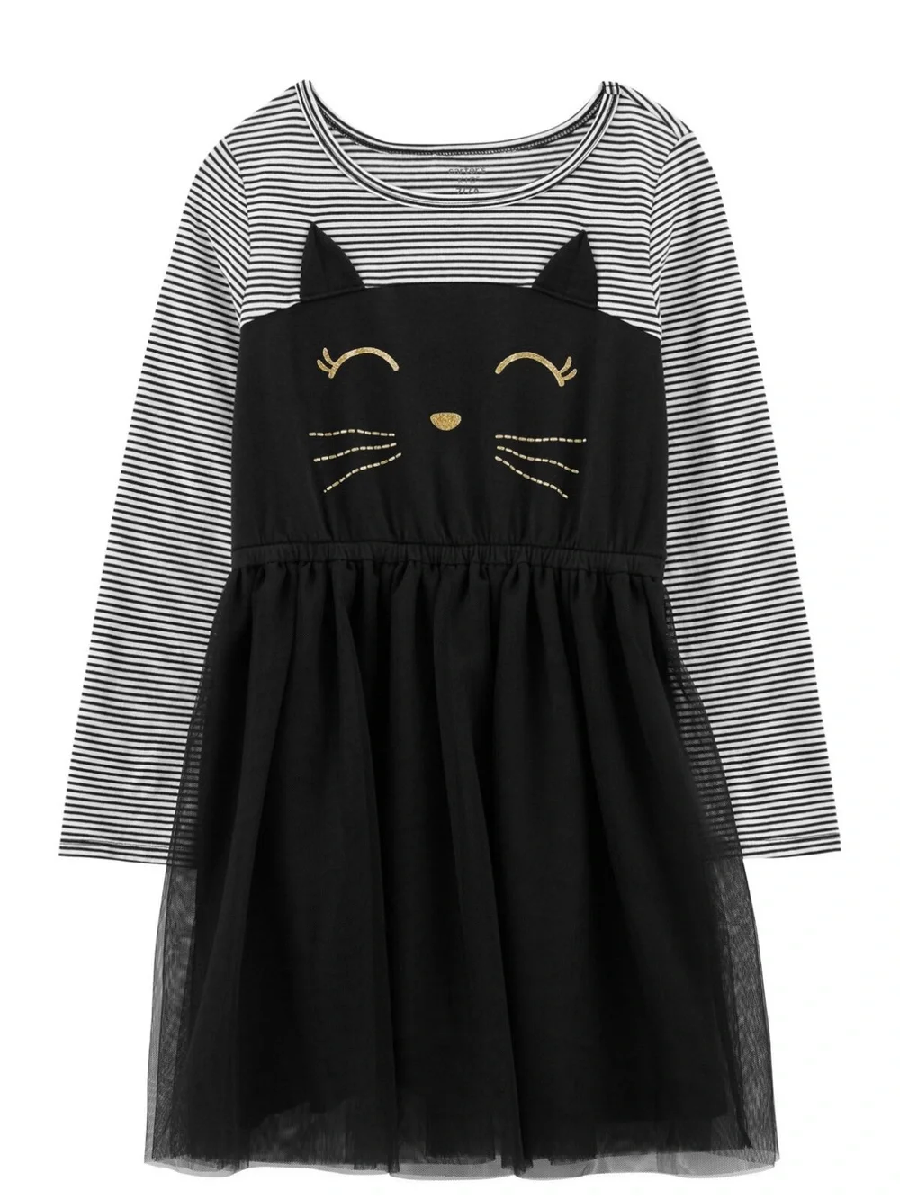 Carter's Girls Halloween Long-Sleeve Striped Cat Dress w/ Tulle Lined Skirt Sz 7